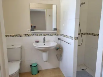 a bathroom with a sink and a toilet and a mirror at Charmant T2 moderne au calme avec jardin vue sur Canigou in Molitg les Bains