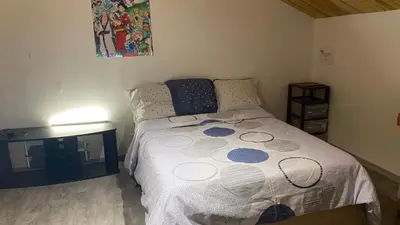 a bedroom with a bed with a white and blue comforter at Studio Cros climatisé in Castres