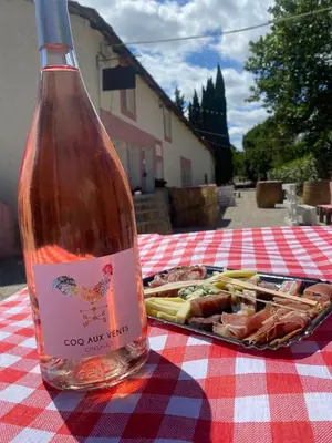 a bottle of wine sitting on a table with a tray of food at Marrakech Guest Room in the heart of the vineyard in Badens