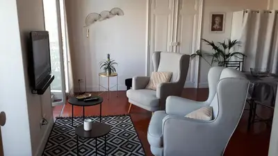 a living room with two chairs and a tv at Appartement avec balcon, bord du canal, Wifi. in Narbonne