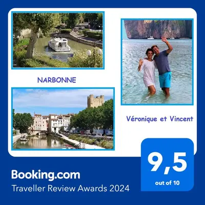 a collage of two pictures of a couple in the water at Appartement avec balcon, bord du canal, Wifi. in Narbonne