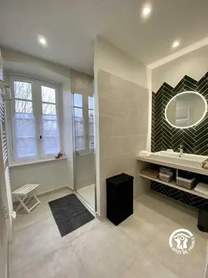 a bathroom with a shower and a sink and a mirror at Le mas de l'ecluse in Caux-et-Sauzens
