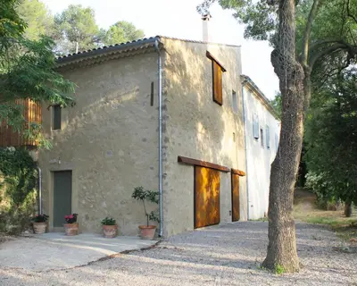 a white building with a tree in front of it at L'écurie de Gamin - gîte 4 pers. dans le Minervois in Aigues-Vives