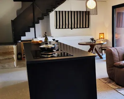 a kitchen with a black island in a living room at L'écurie de Gamin - gîte 4 pers. dans le Minervois in Aigues-Vives