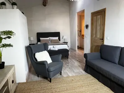 a living room with a couch and a chair and a bed at La Cité Secrète in Carcassonne