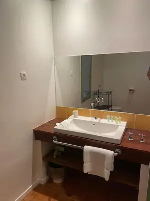 a bathroom with a sink and a mirror at Lauraguel Gîte in Mourvilles-Hautes