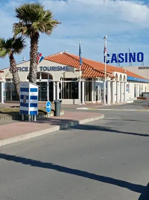 a building with palm trees in front of a street at Agréable Studio en bord de mer in Port-la-Nouvelle