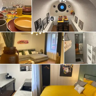 a collage of photos of a living room and dining room at L'Alcove in Carcassonne