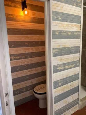 a bathroom with a toilet and a wooden wall at Patio avec cour et place de parking en bord de mer in Port-la-Nouvelle