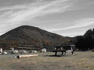 a bench in a field with a mountain in the background at Gîte l'Enclos Ô rendez-vous Roquefeuil-Pays de sault- avec jardin in Roquefeuil