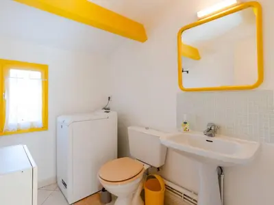 a bathroom with a sink and a toilet and a mirror at Superbe Pavillon à Gruissan avec Terrasse sur Plage, 2 Chambres, Parking et Wifi - FR-1-409A-20 in Gruissan
