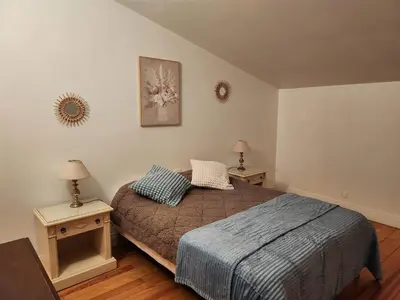 a bedroom with a bed and two night stands at DOMAINE DE POULHARIES - Carignan in Carcassonne