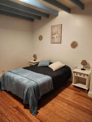 a bedroom with a bed with a blue blanket and two tables at DOMAINE DE POULHARIES - Carignan in Carcassonne