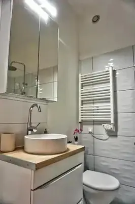 a bathroom with a sink and a toilet and a mirror at Le Patio in Carcassonne