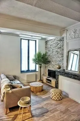 a living room with a couch and a fireplace at Le Patio in Carcassonne