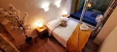 a small bedroom with a teddy bear sitting on a bed at Le Patio in Carcassonne
