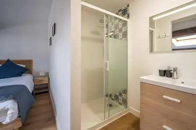 a bathroom with a shower and a bed and a sink at L'Apothicaire Proche des Halles in Narbonne