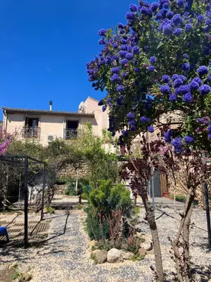 a garden with purple flowers in front of a house at Chambres d'hôtes : Les maisons de Gaïa in Tuchan