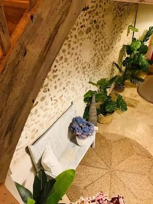 an overhead view of a bench in a room with plants at Hôte Labyrinthe sur la place chambres d, hôtes , calme ,Netflix in Mirepoix