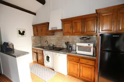 a kitchen with a black refrigerator and a dishwasher at La Gorge in Lacrouzette