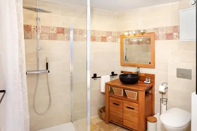 a bathroom with a shower and a sink and a toilet at Le refuge de Saint-Gimer in Carcassonne