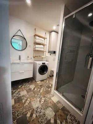 a bathroom with a shower and a washing machine at Au cœur de Castres, logement cosy classé 3*** in Castres