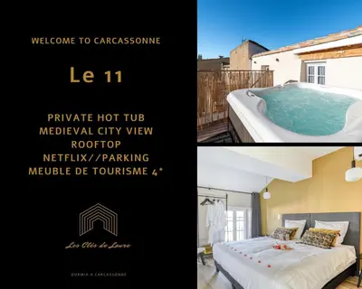 a collage of photos with a bed and a tub at Le 11 JACUZZI avec Terrasses Clim Netflix Parking in Carcassonne