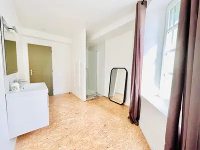 a bathroom with a sink and a mirror at Au pied de la Cité in Carcassonne
