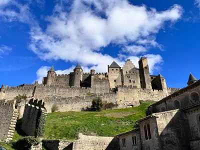 a castle sitting on top of a hill at Au pied de la Cité in Carcassonne