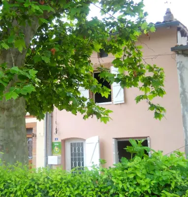 a pink house with two windows and a tree at Maison charmante à Aignes avec jardin et barbecue in Aignes
