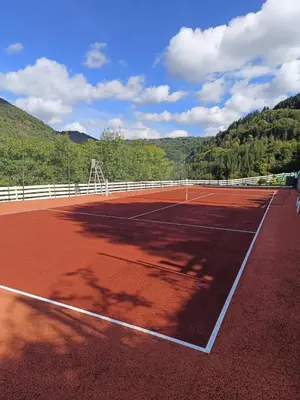 a tennis court with a tennis racket on it at La Vallée in Lacrouzette