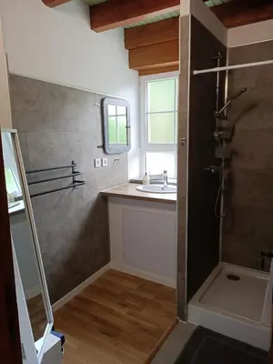 a bathroom with a shower and a sink at La Vallée in Lacrouzette