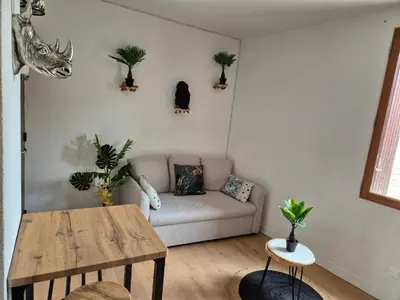 a living room with a couch and a table at Le Jungle Appart, centre ville Narbonne in Narbonne