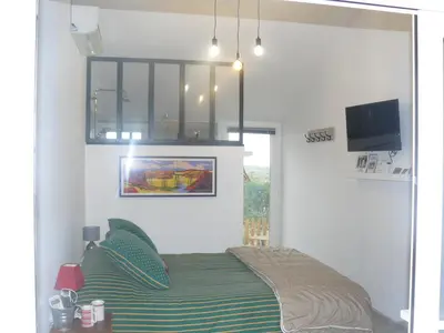 a bedroom with a bed and a television in it at Casa Vignes & Soleil in Puisserguier