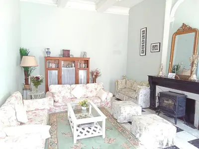 a living room with a couch and a fireplace at OCC34 - Capestang - Villa Quinlan in Capestang