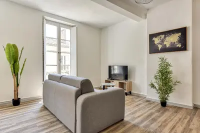 a living room with a couch and a tv at Ò Grand Carnot/Hyper centre/Proche Gare in Carcassonne