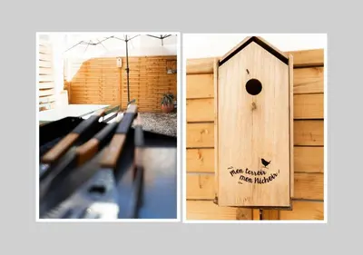 two pictures of a dog house with a sign on it at Chez papy Charles in Carcassonne