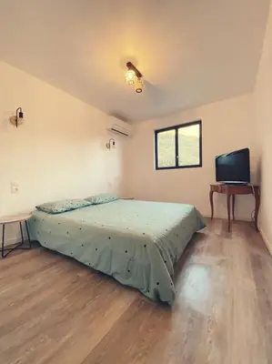 a bedroom with a bed and a flat screen tv at Maison de campagne dans un domaine viticole in Tautavel