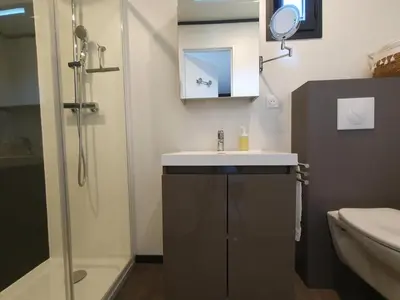 a bathroom with a sink and a shower at Cottage du Lac 63 in Olonzac