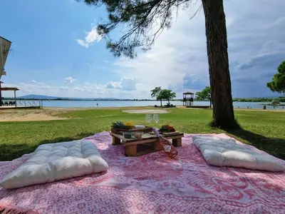 a picnic table with two pillows on a blanket next to a tree at Cottage du Lac 63 in Olonzac
