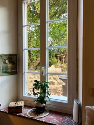 a window with a potted plant sitting on a counter at Maison d'hôtes de charme 