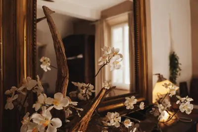 a bunch of white flowers in front of a mirror at Maison d'hôtes de charme 