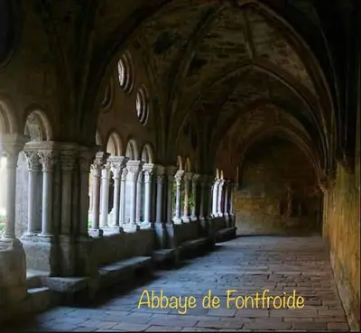 a hallway in an old building with columns and ceilings at Gîte « domaine de l’oustal nau » in Peyriac-de-Mer