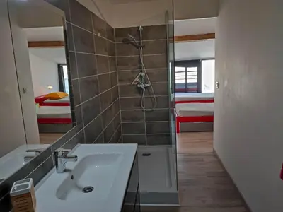 a bathroom with a shower and a sink and a tub at Le Gabin Moderne Loft in Carcassonne