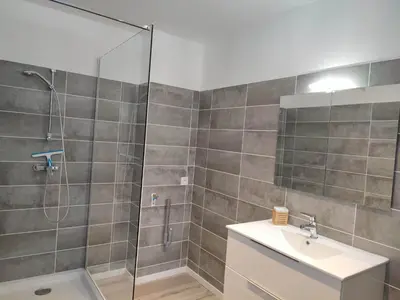 a bathroom with a shower and a sink at Le Gabin Moderne Loft in Carcassonne