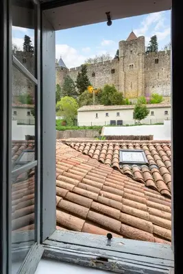 a view of a tile roof with a castle in the background at Au Puits de la Cité - Terrasse Vue Cité - Wifi in Carcassonne