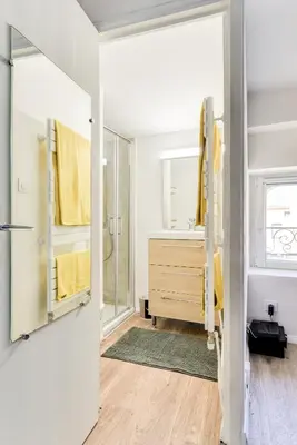 a bathroom with a shower and a sink at Côté Palais 2 avec Netflix - Fibre - Proche Cité in Carcassonne