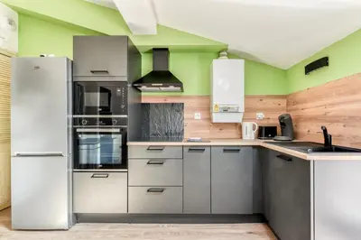 a kitchen with stainless steel appliances and green walls at Côté Palais 2 avec Netflix - Fibre - Proche Cité in Carcassonne
