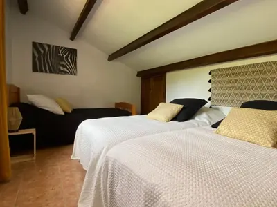 a bedroom with two beds and a couch at Cases des oliviers in Cases-de-Pène