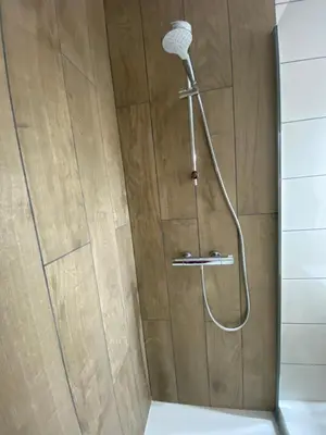 a shower with a shower head in a bathroom at Cases des oliviers in Cases-de-Pène